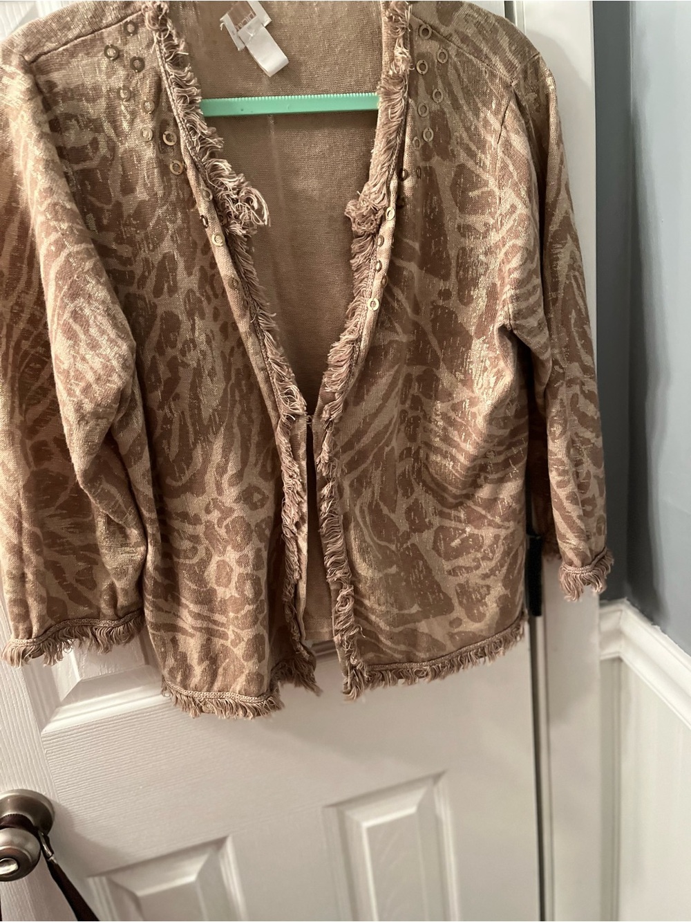 Chico's Taupe Animal-Print Open Cardigan with Fringe
